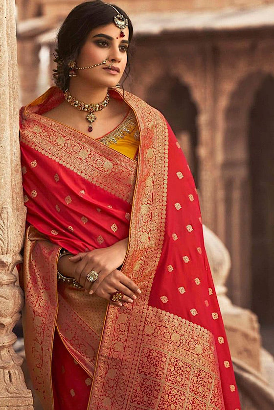 Rose Red Zari Woven Banarasi Saree With Embroidered Blouse