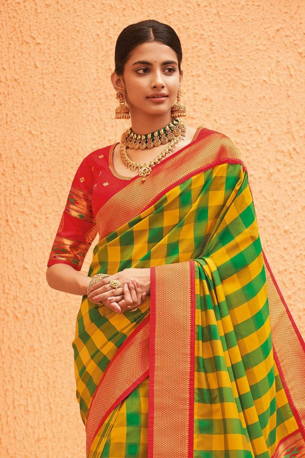 Yellow Green Zari  Woven Paithani Silk Saree