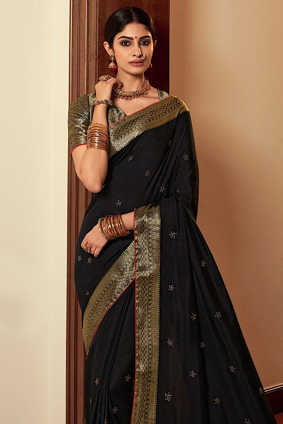 Midnight Black Zari Woven South Silk Saree With Swaroski