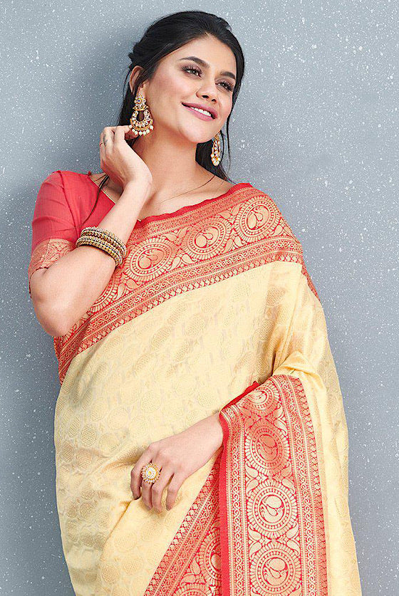 Light Yellow Woven Banarasi Silk Saree