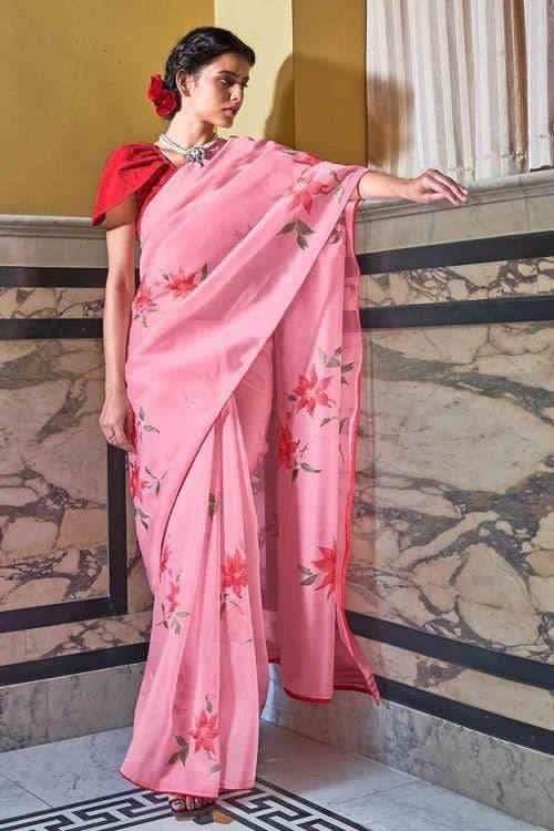 Soft Pink Organza Floral Saree