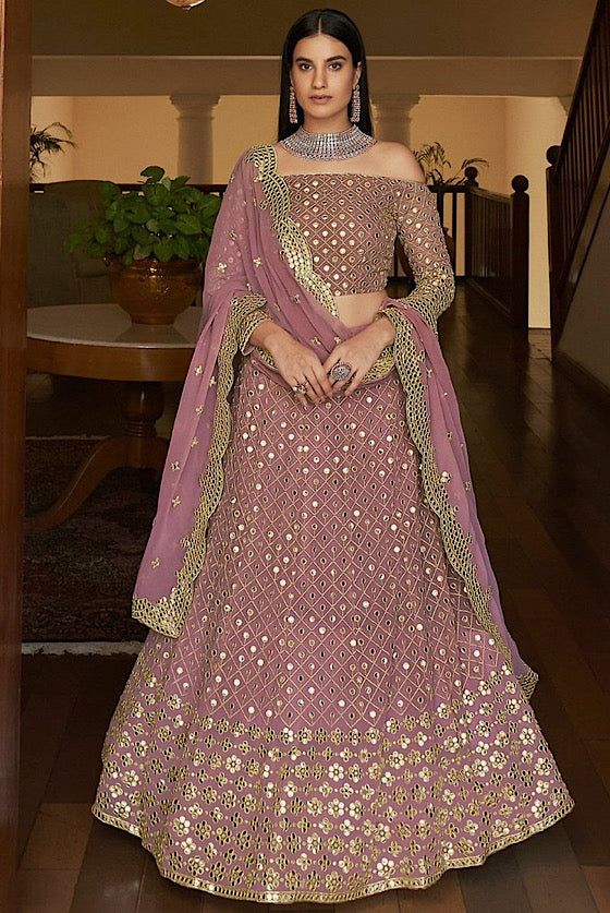 Mauve Georgette Lehenga With Zari, Gota & Mirror Work