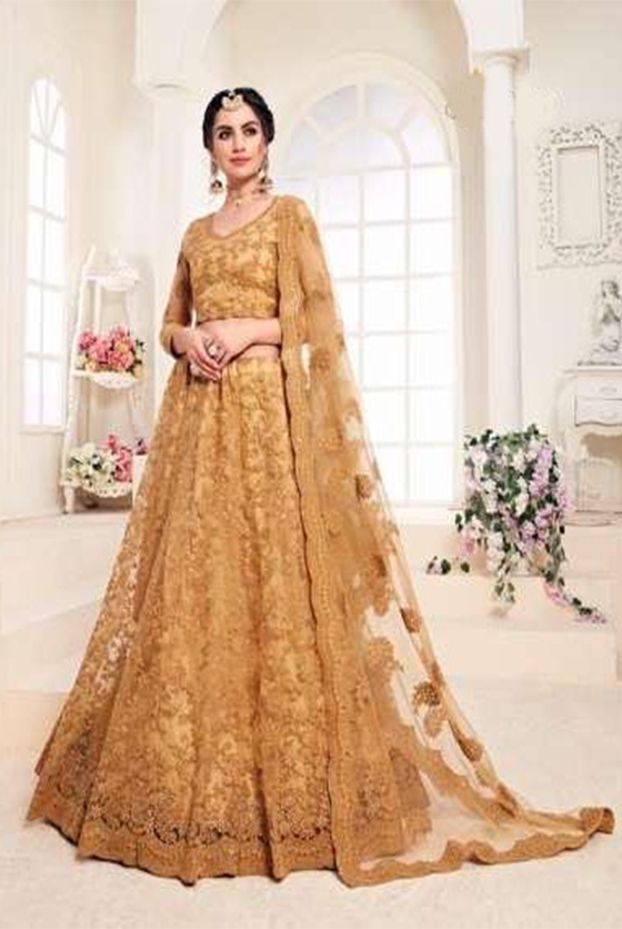 Mustard Yellow Embroidered Net Lehenga Choli