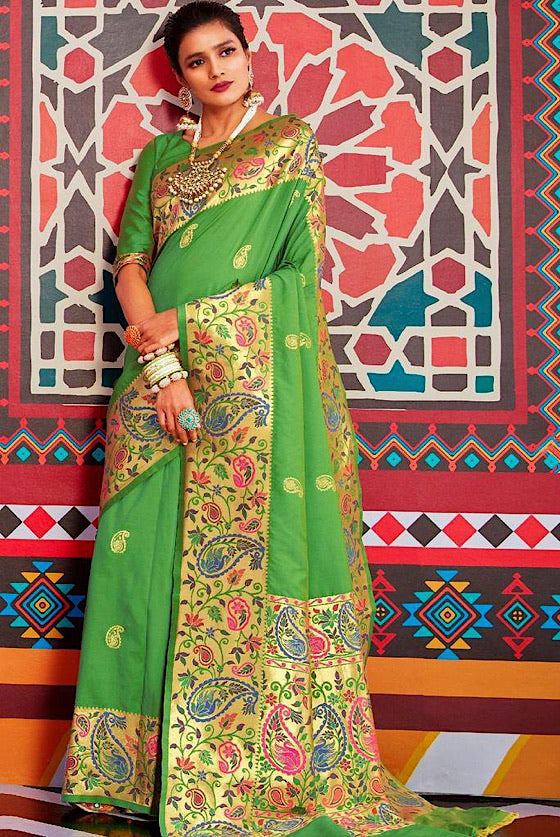 Lime Green Woven Paithani Silk Saree