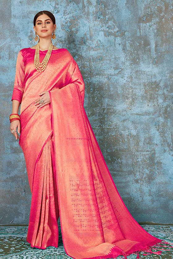 Punch Pink Zari Woven Kanjivaram Silk Saree