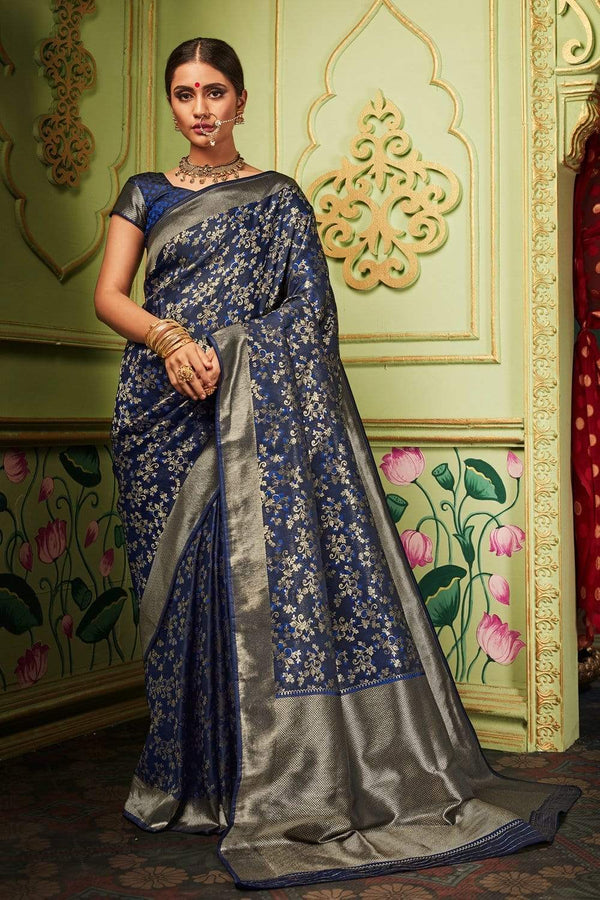 Steel Blue Zari Woven Banarasi Silk Saree