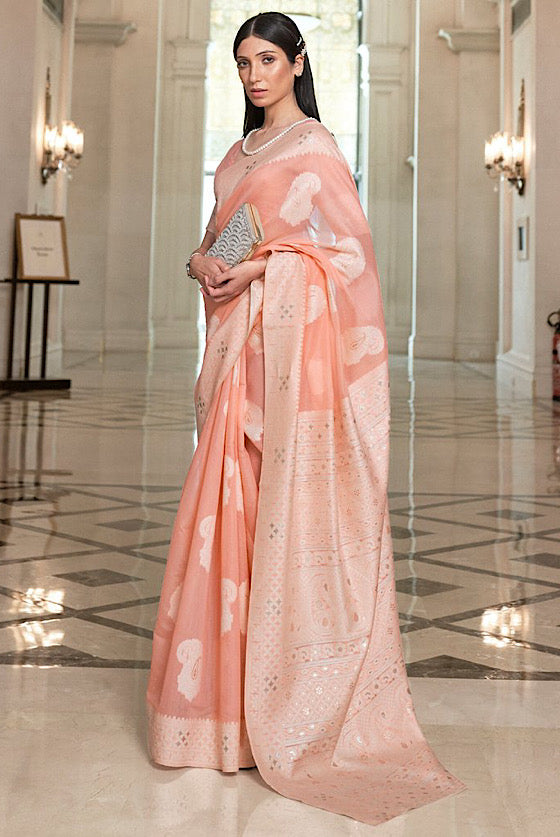 Peach Lucknowi Chikankari Saree