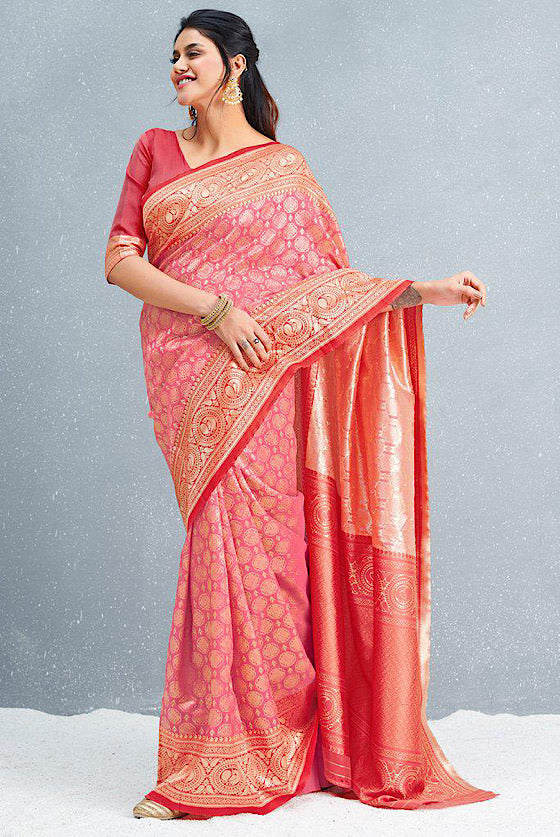 Deep Pink Woven Banarasi Silk Saree