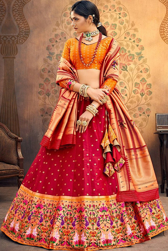 Red Paithani Silk Lehenga Choli With Banarasi Paithan