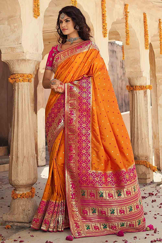 Marigold Orange Designer Banaras Zari Woven Silk Saree