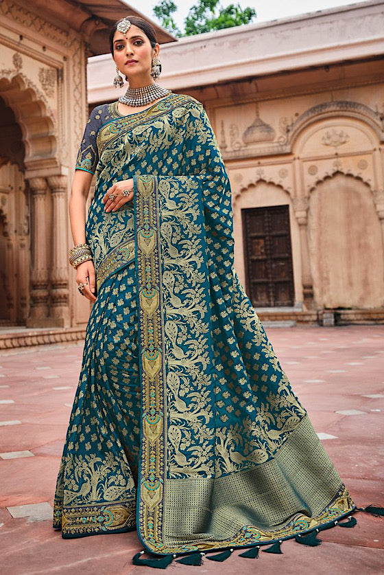 Teal Blue Embroidered Blouse Banarasi Saree