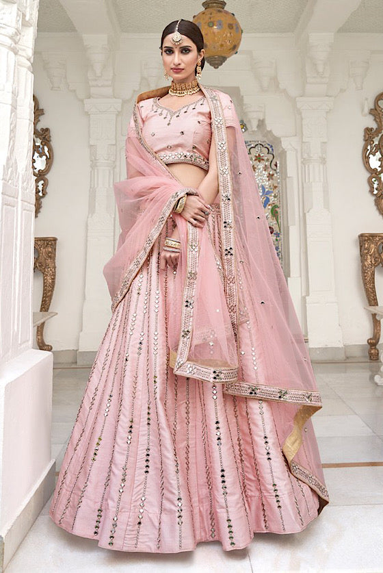 Pastel Pink Heavy Mirror Embroidered Lehenga With Dupatta .