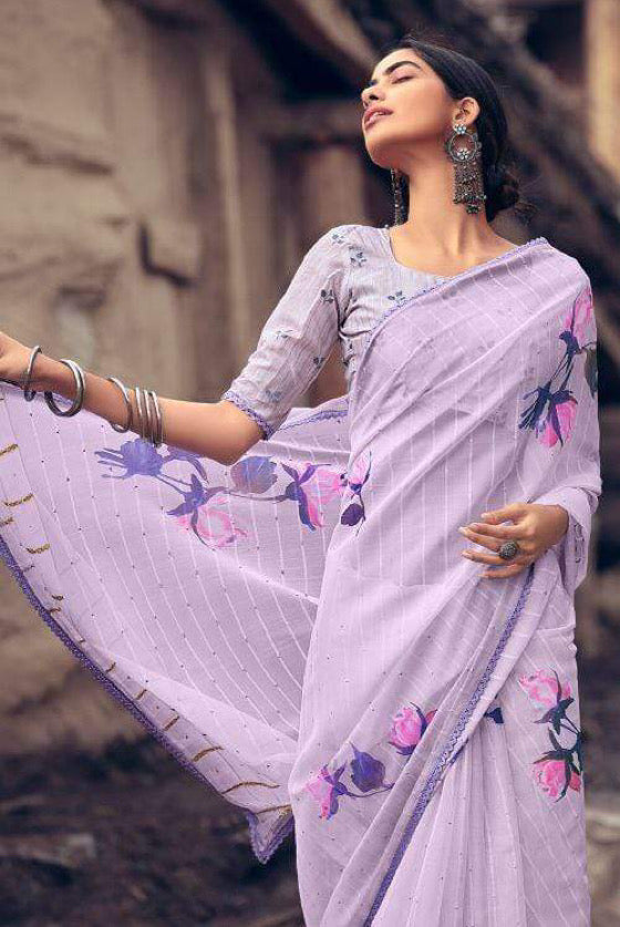 Lavender Purple Floral Organza Saree