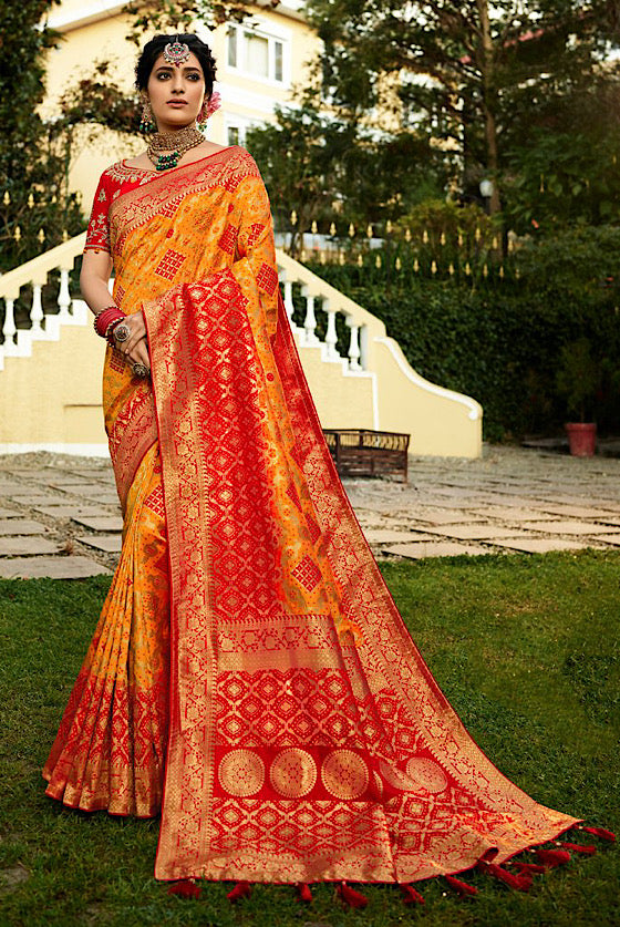 Golden Yellow Woven Silk Saree With Heavy Embroidery Blouse