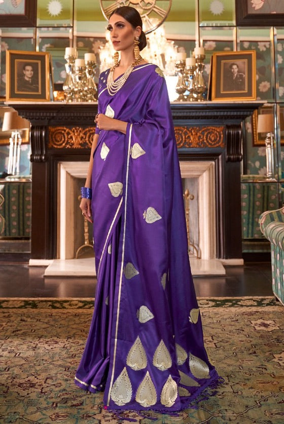 Dark Purple Zari Butta Woven Banarasi Saree