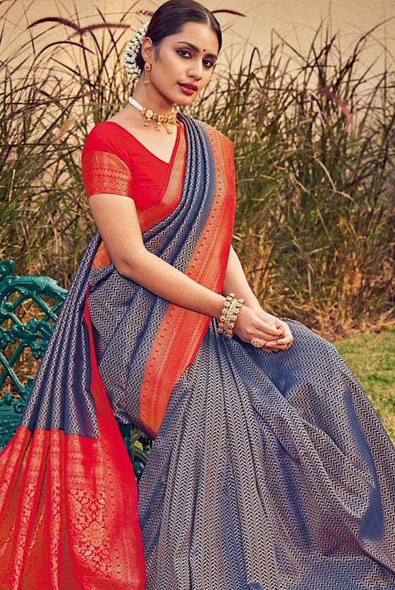 Denim Blue With Red Woven Kanjivaram Silk Saree