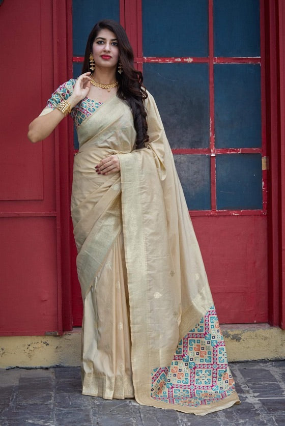 Beige Gold Banarasi Silk Saree