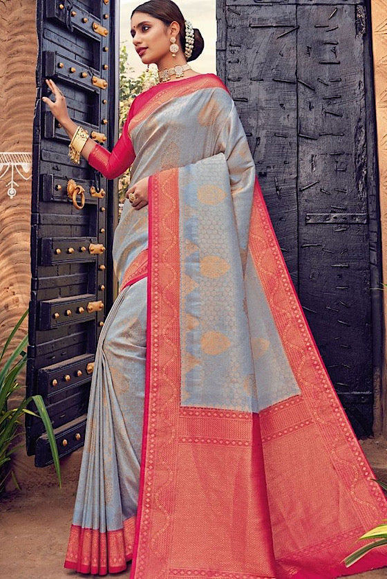 Slate Grey With Pink Woven Kanjivaram Silk Saree