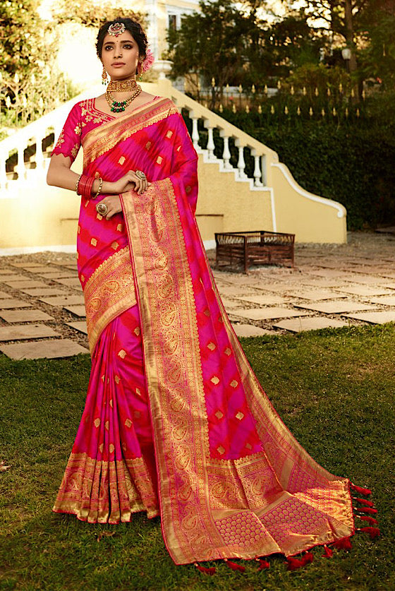 Hot Pink Woven Silk Saree With Heavy Embroidery Blouse