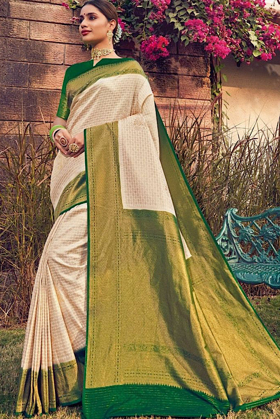 Off White With Green Woven Kanjivaram Silk Saree