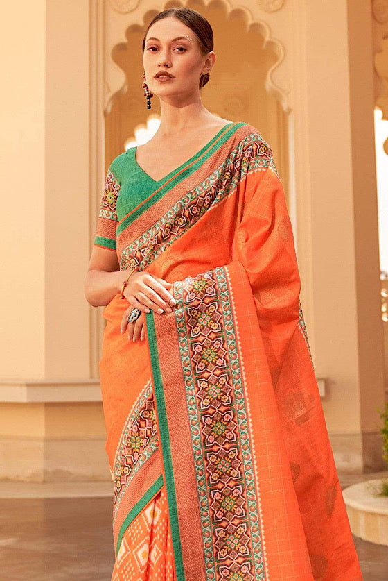 Orange Designer Printed Silk Saree