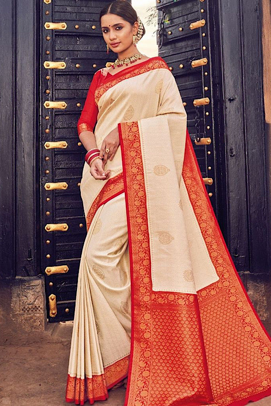 Half White With Red Woven Kanjivaram Silk Saree