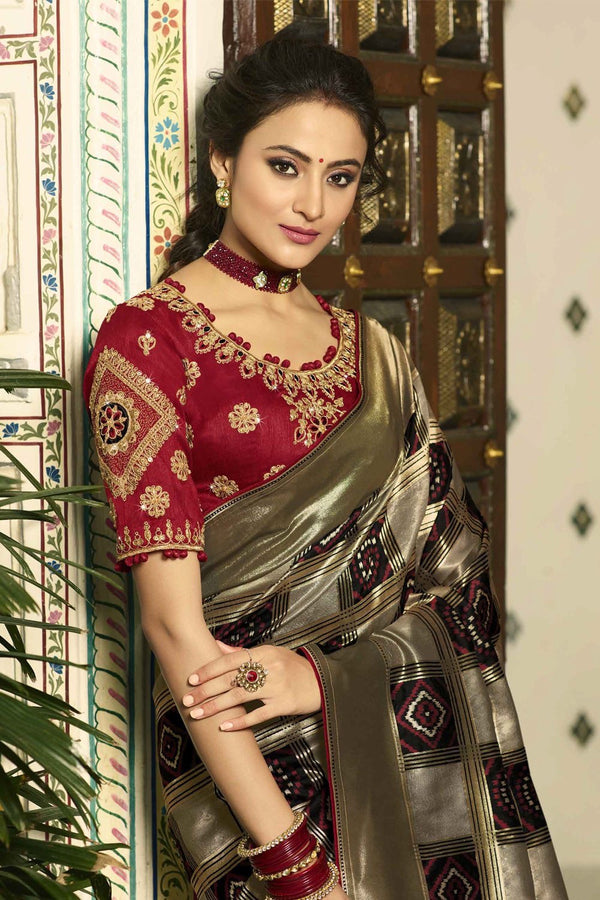 Greyish Black designer banarasi saree with embroidered silk blouse