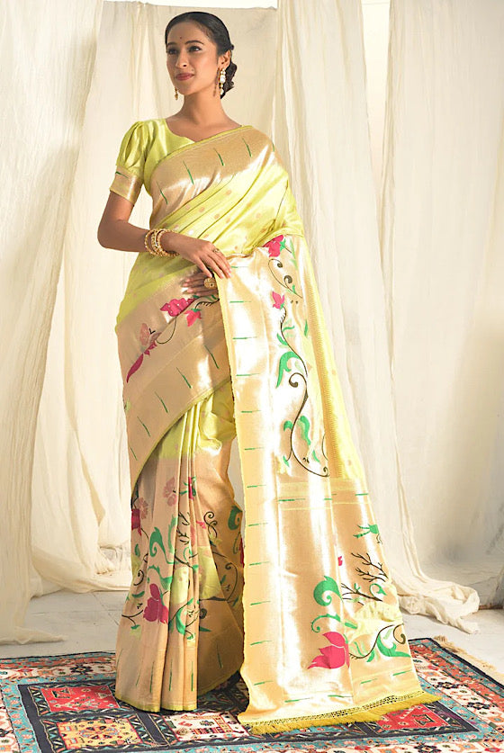 Light Yellow Exclusive Paithani Silk Saree