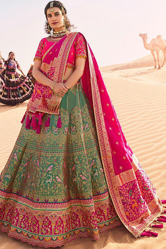 Green Embroidered Banarasi Silk Lehenga Choli .