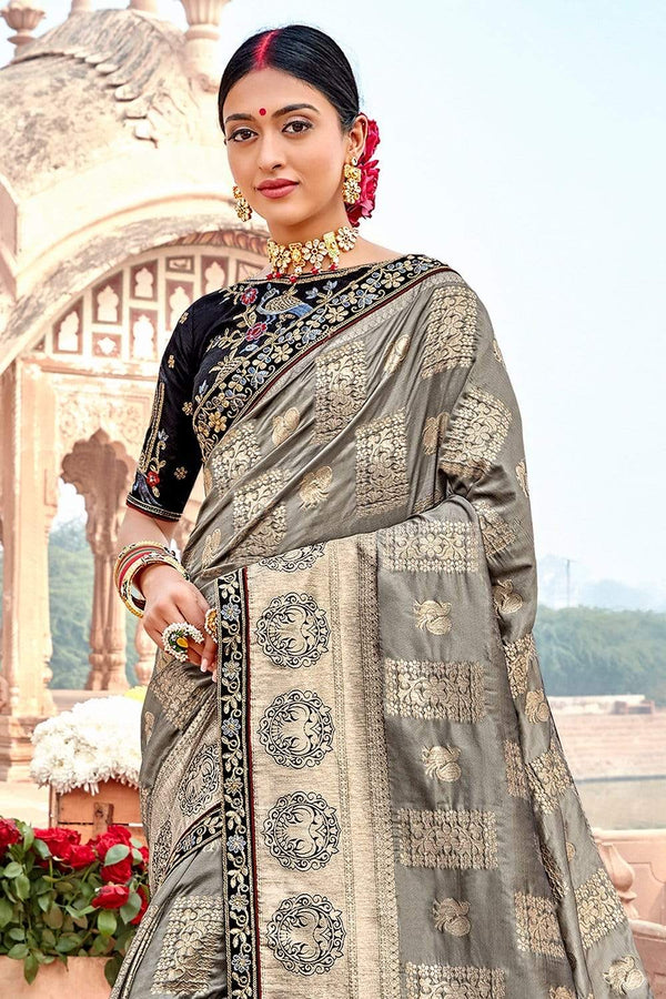 Grey Banarasi Saree with Embroidered Blouse