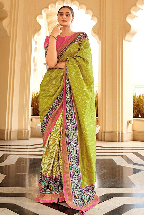 Lime Green Designer Printed Silk Saree