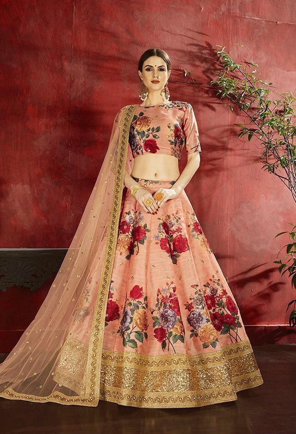 Beautiful Peach  Floral Silk Lehenga To Celebrate Wedding..