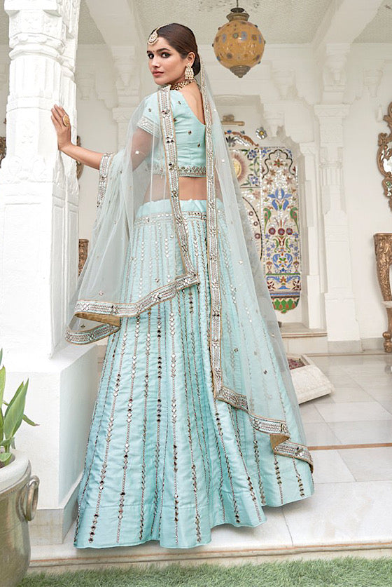 Light Blue Heavy Mirror Embroidered Lehenga With Dupatta .