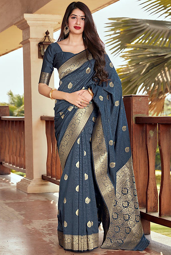 Led Grey Woven Banarasi Silk Saree – MOR & SONS