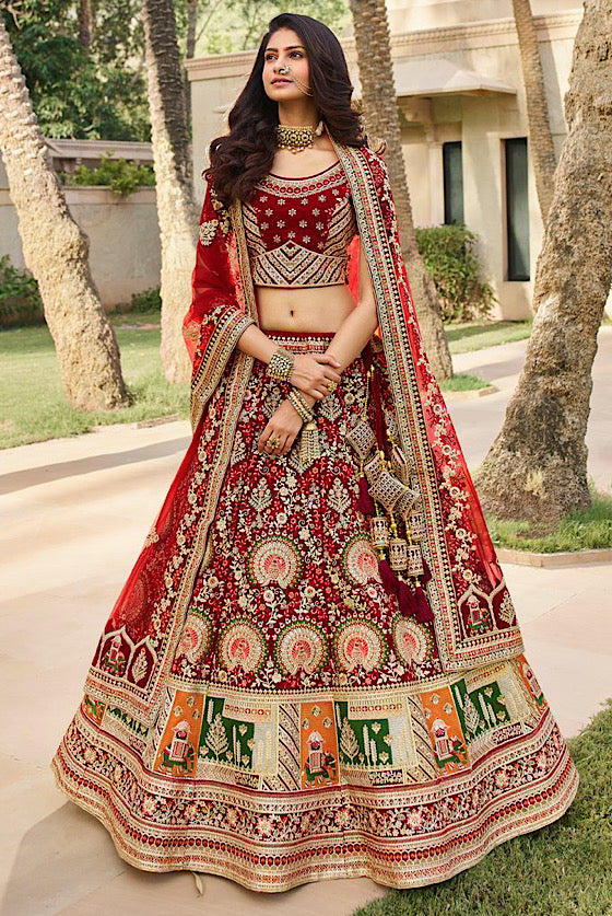 Reddish Maroon Bridal Heavy Embroidered Lehenga Choli