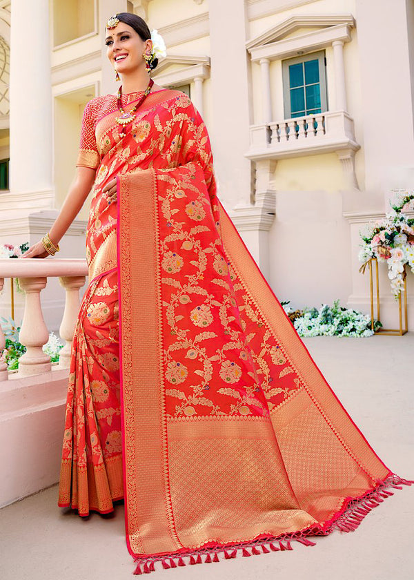 Ferrari Red Zari Woven Jal Banarasi Silk Saree