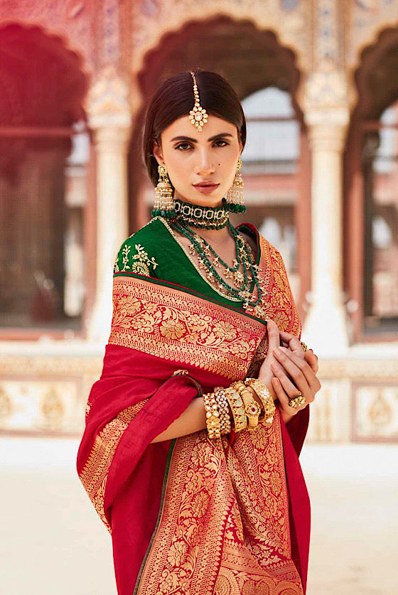 Scarlet Red Woven South Silk Saree