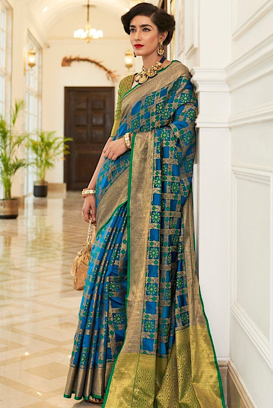 Blue Patola Silk Saree With Antique Golden Border