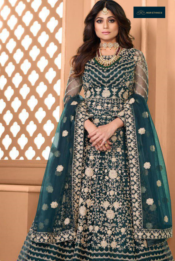 Bottle Green Semi Stitched Anarkali