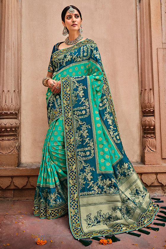 Aqua green Embroidered Blouse Banarasi Saree