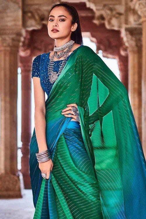 Shaded Green Exclusive Satin Patti Saree With Sequins Blouse