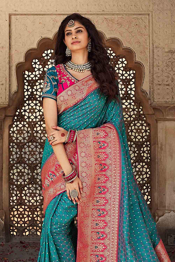 Cerulean Blue Designer Banaras Zari Woven Silk Saree