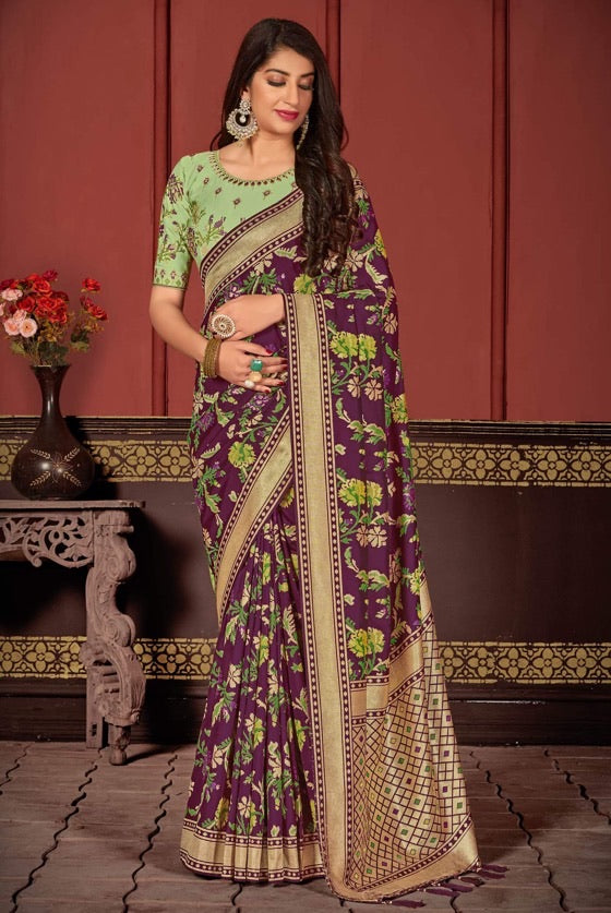 Designer Wine Super Soft Banarasi Silk Saree With Floral Motifs.