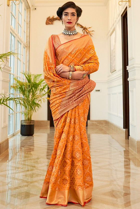 Orange Patola Silk Saree With Antique Golden Border