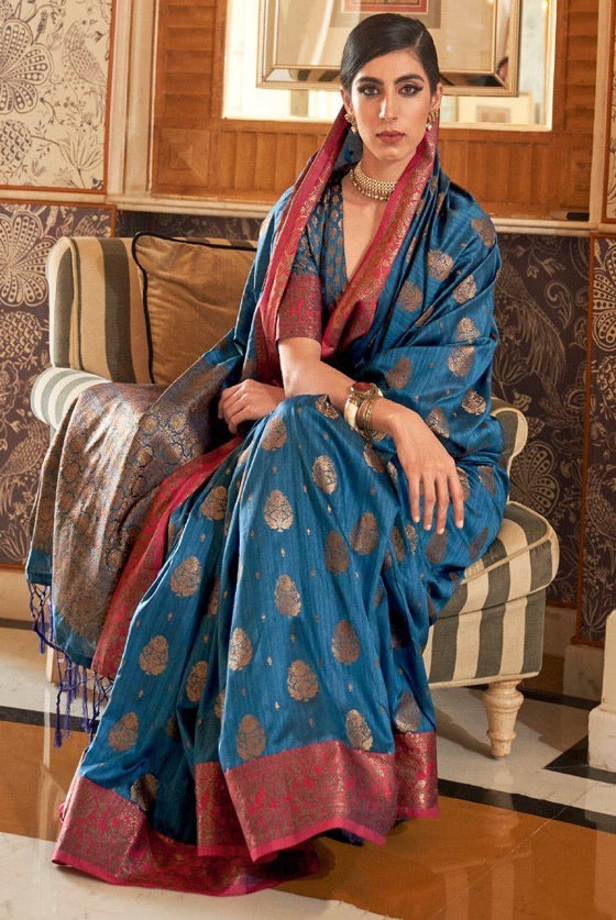 Princess Blue Woven Banarasi Tussar Silk Saree With Brocade Blouse