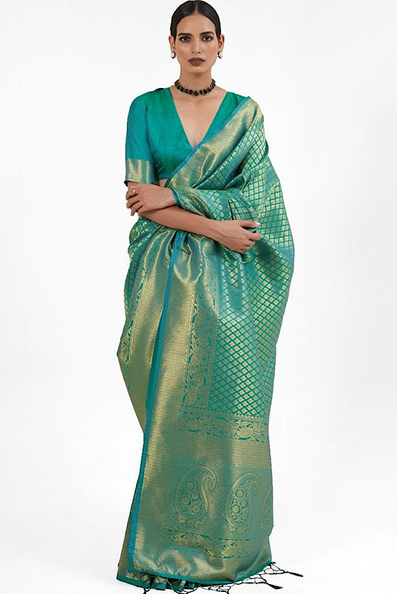 Persian Green Zari Woven Kanjivaram Silk Saree