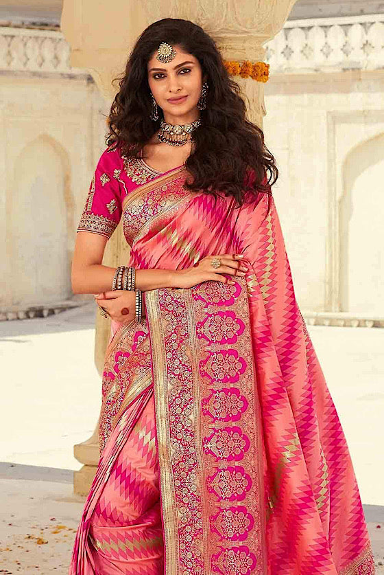 Shades of Pink Designer Banaras Zari Woven Silk Saree