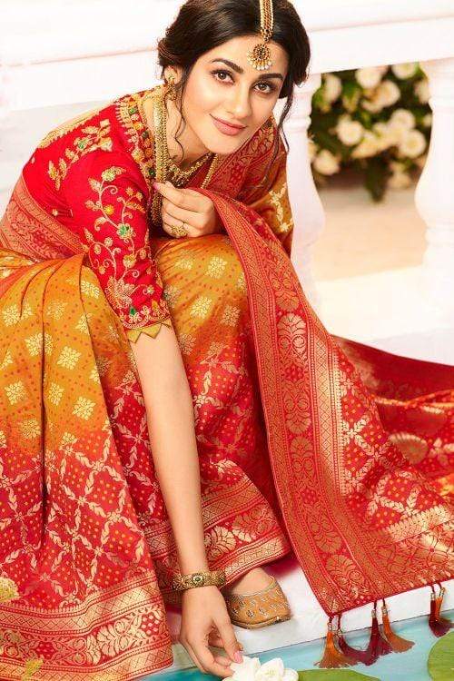 Yellow Red Silk Saree With Embroidered Blouse