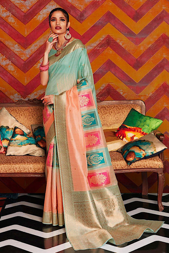 Bluish Green Fancy Designer Banarasi Saree