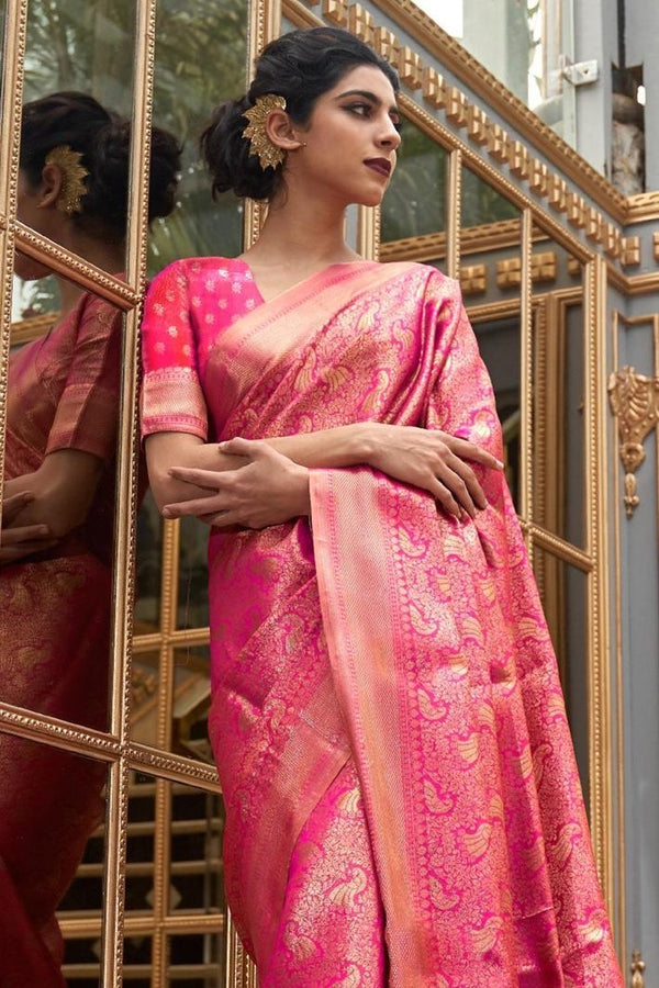 Raspberry Pink Zari Woven Kanjivaram Silk Saree